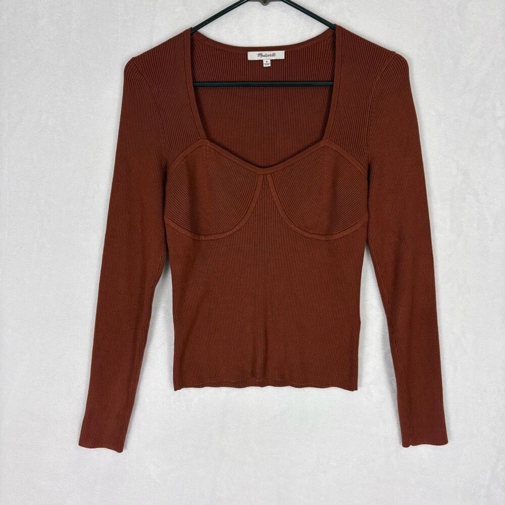 Madewell Brown Ribbed Sweatheart Neckline Long Sleeve Top Size Medium
